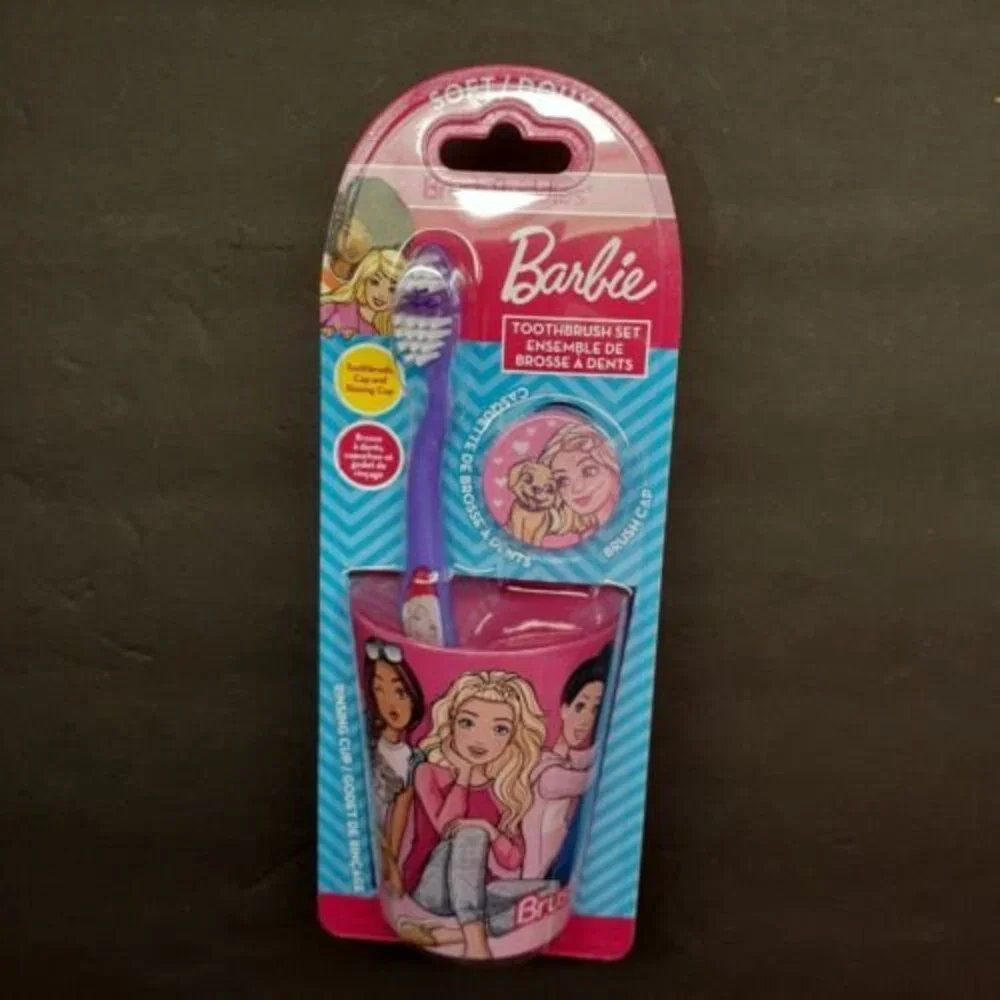 Mattel Barbie Brush Buddies Toothbrush 3 Piece Set Rinsing Cup Toothbrush Cap